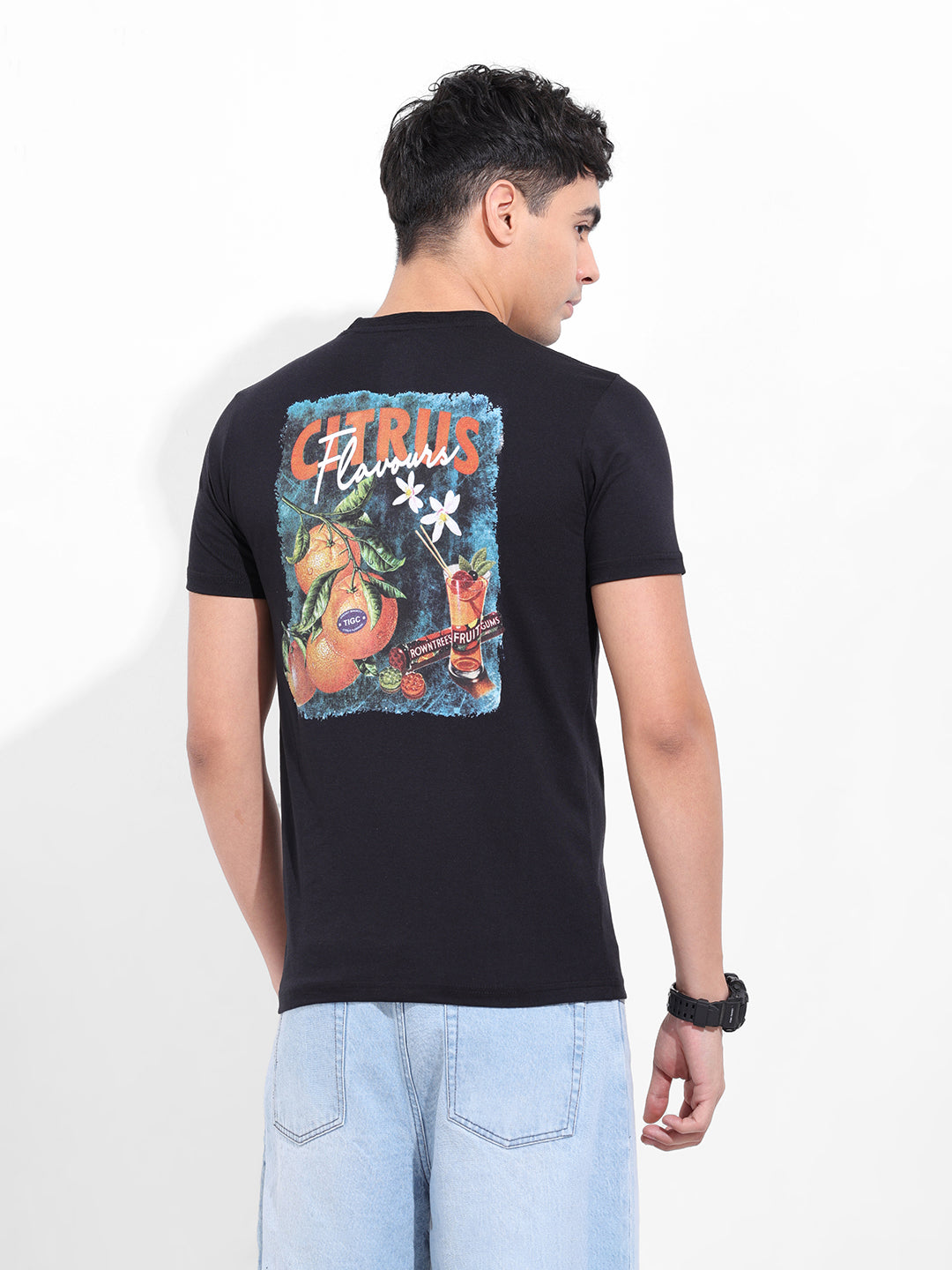 Men's Black Slim Fit Graphic Back Printed Round Neck T-shirt