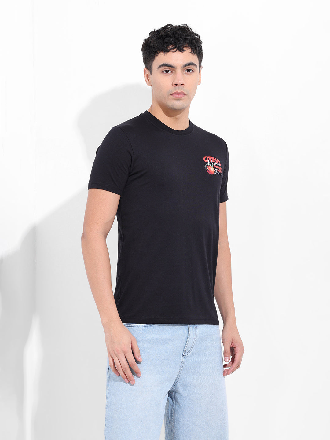 Men's Black Slim Fit Graphic Back Printed Round Neck T-shirt