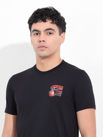 Men's Black Slim Fit Graphic Back Printed Round Neck T-shirt
