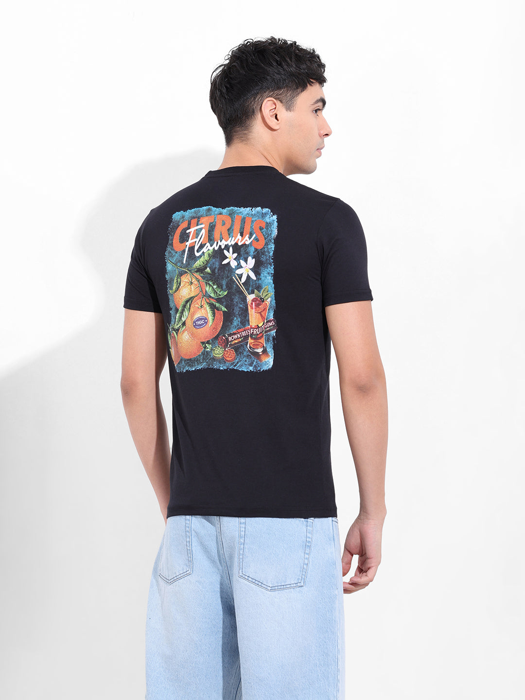 Men's Black Slim Fit Graphic Back Printed Round Neck T-shirt