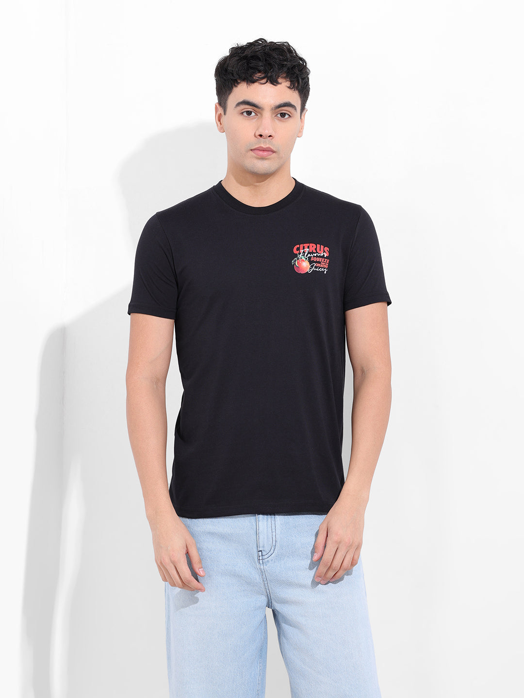 Men's Black Slim Fit Graphic Back Printed Round Neck T-shirt