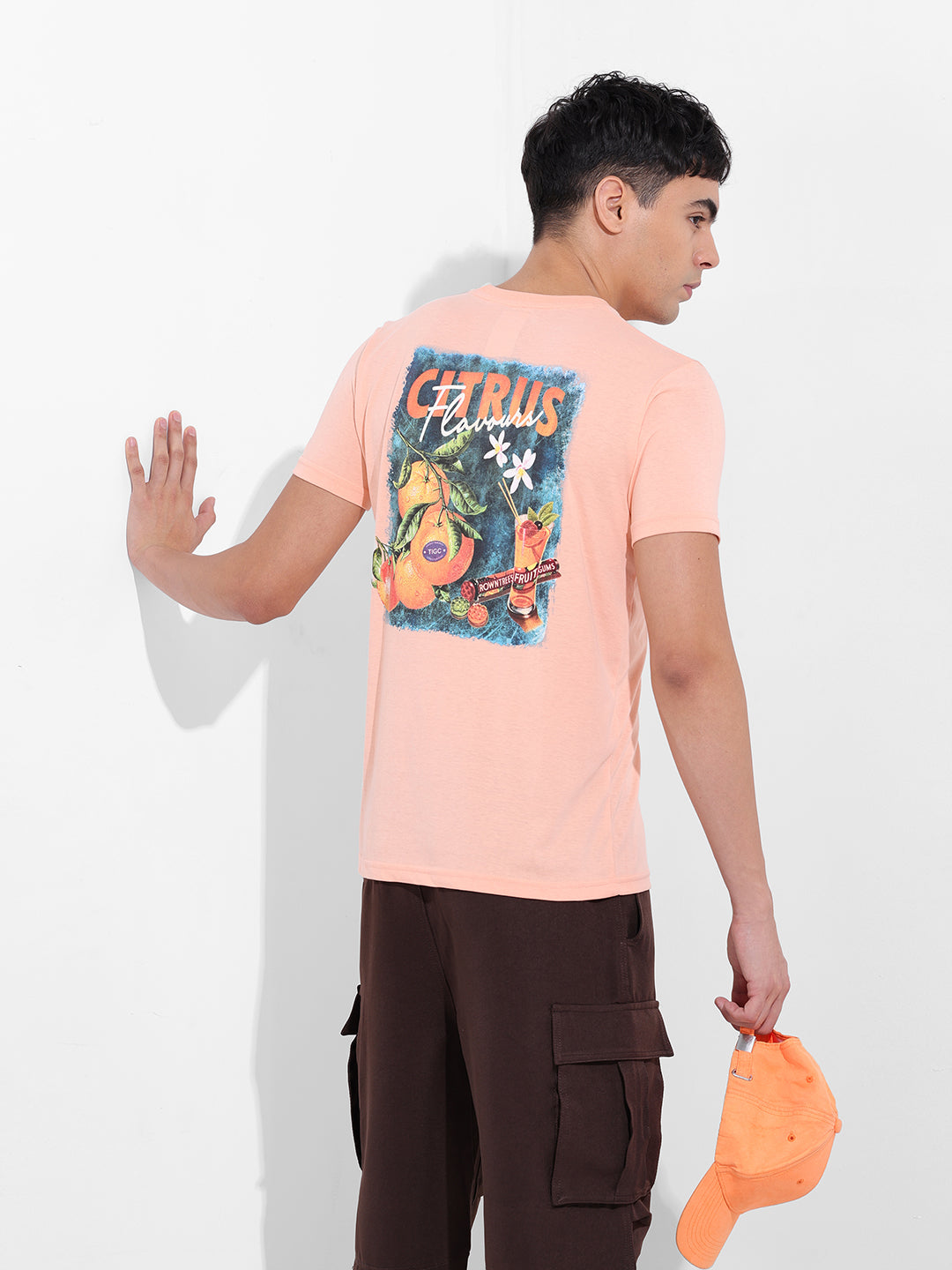Men's Pink Slim Fit Graphic Back Printed Round Neck T-shirt