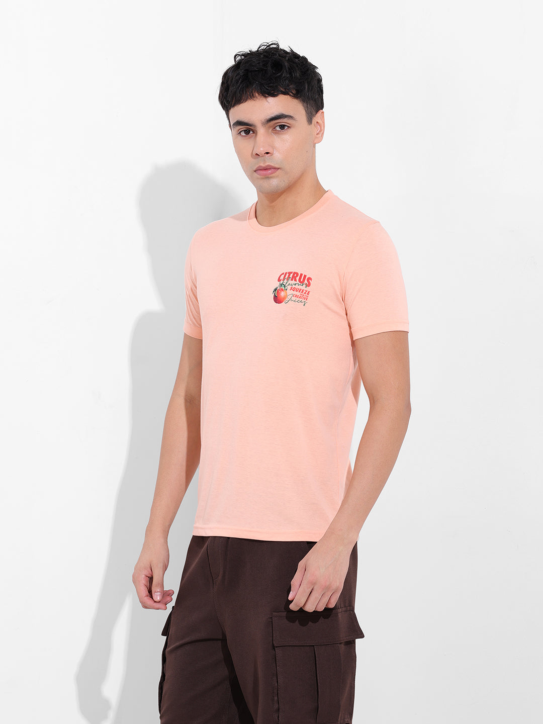 Men's Pink Slim Fit Graphic Back Printed Round Neck T-shirt