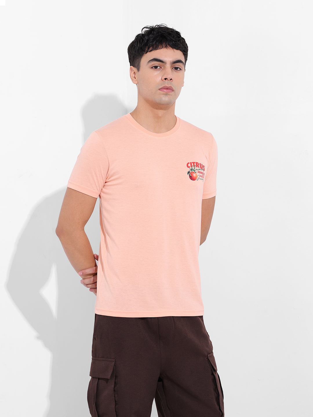 Men's Pink Slim Fit Graphic Back Printed Round Neck T-shirt