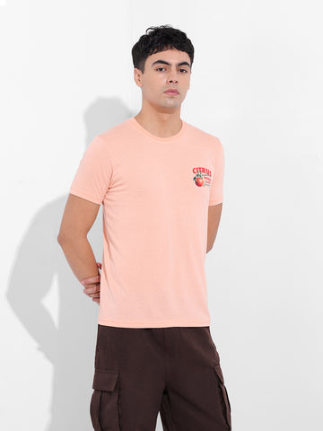 Men's Pink Slim Fit Graphic Back Printed Round Neck T-shirt