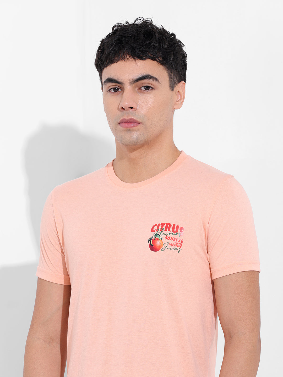 Men's Pink Slim Fit Graphic Back Printed Round Neck T-shirt