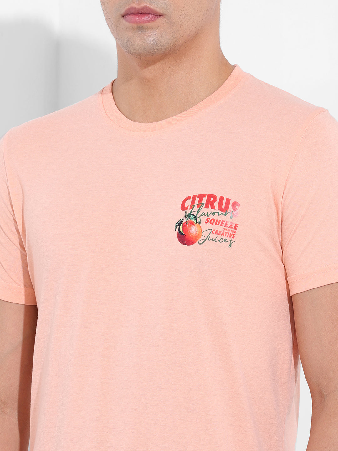 Men's Pink Slim Fit Graphic Back Printed Round Neck T-shirt