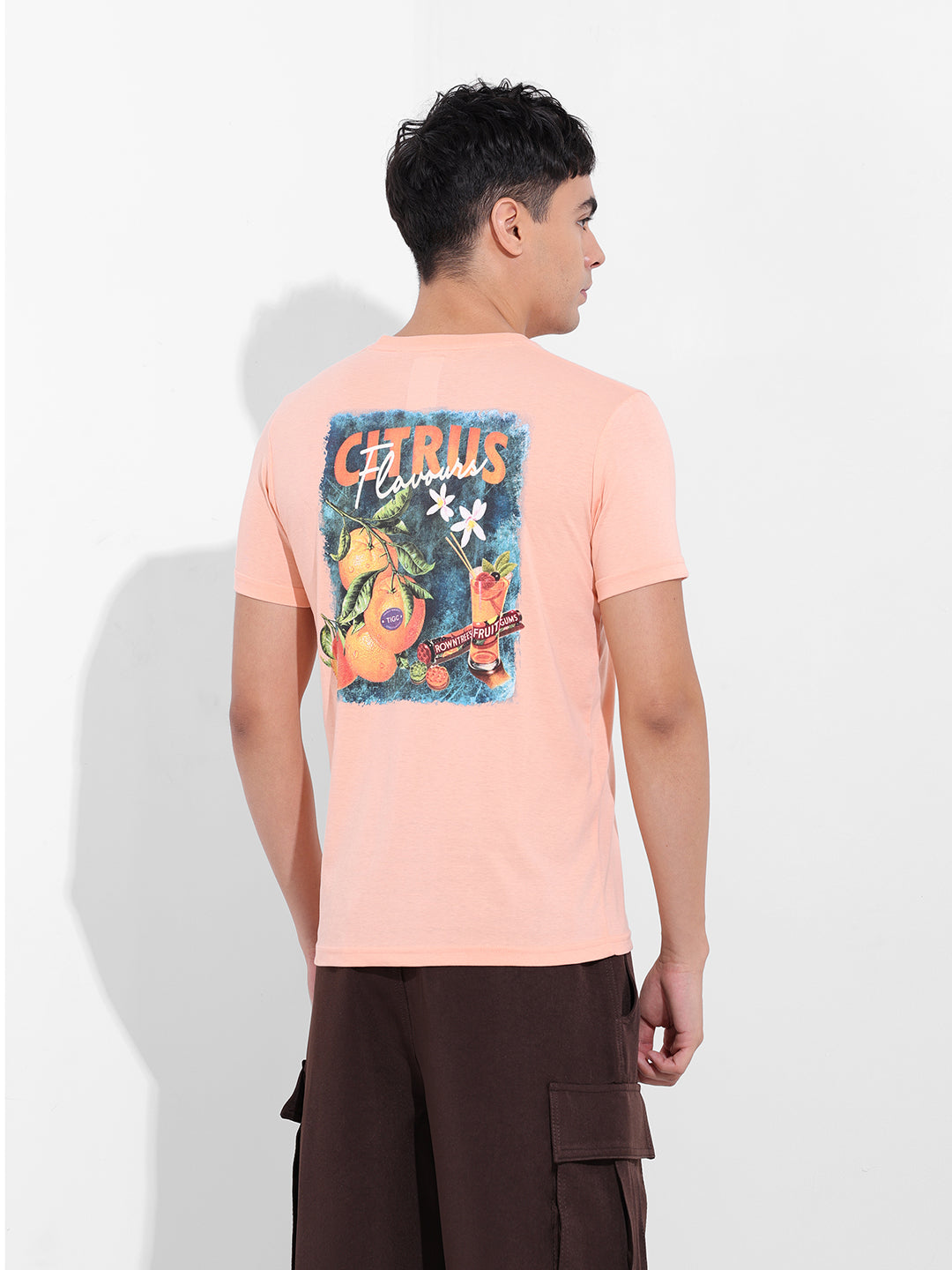 Men's Pink Slim Fit Graphic Back Printed Round Neck T-shirt