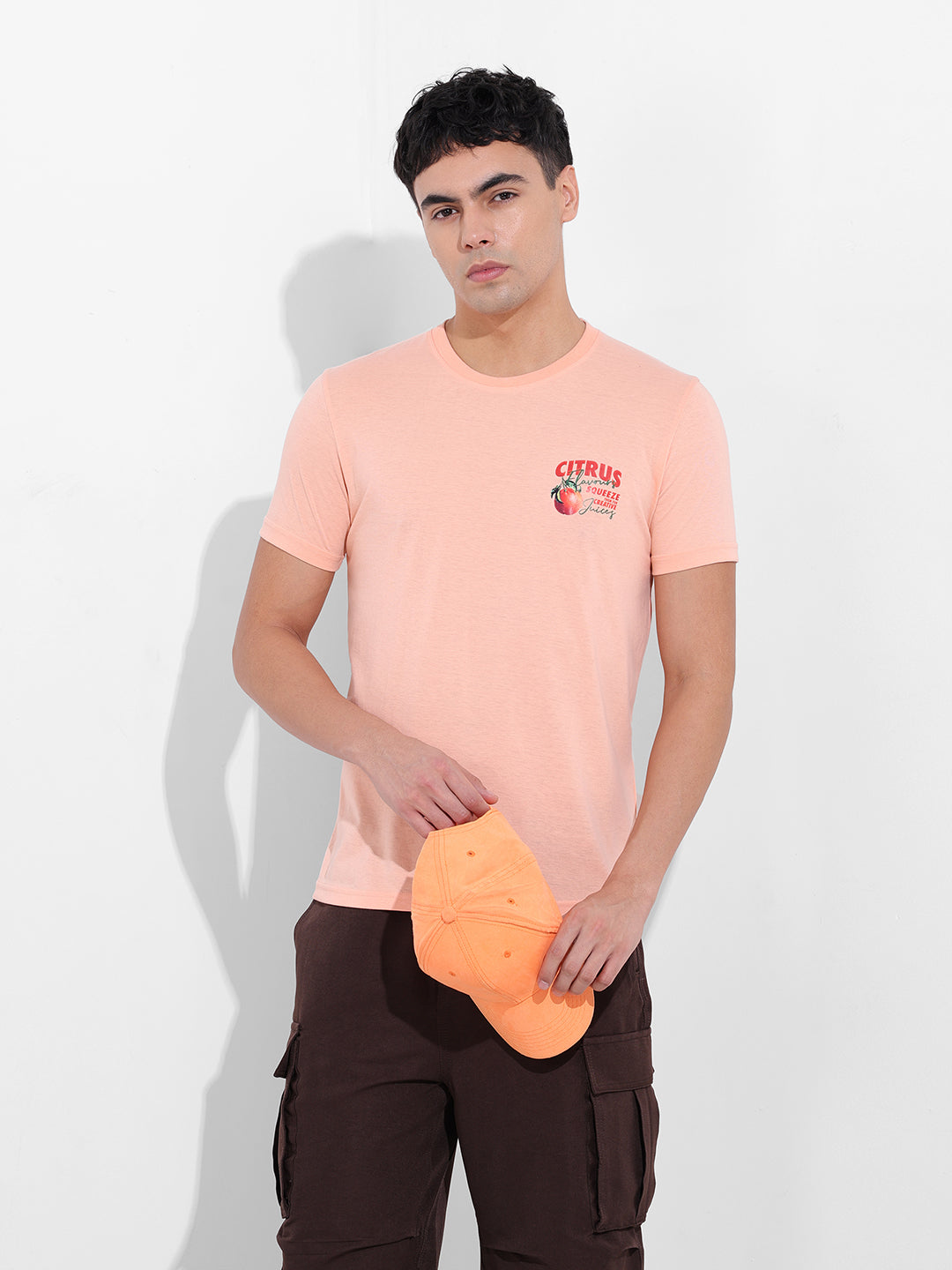 Men's Pink Slim Fit Graphic Back Printed Round Neck T-shirt