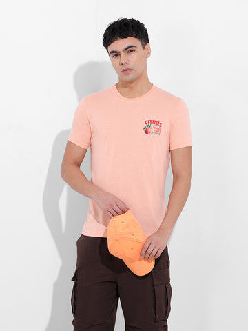 Men's Pink Slim Fit Graphic Back Printed Round Neck T-shirt