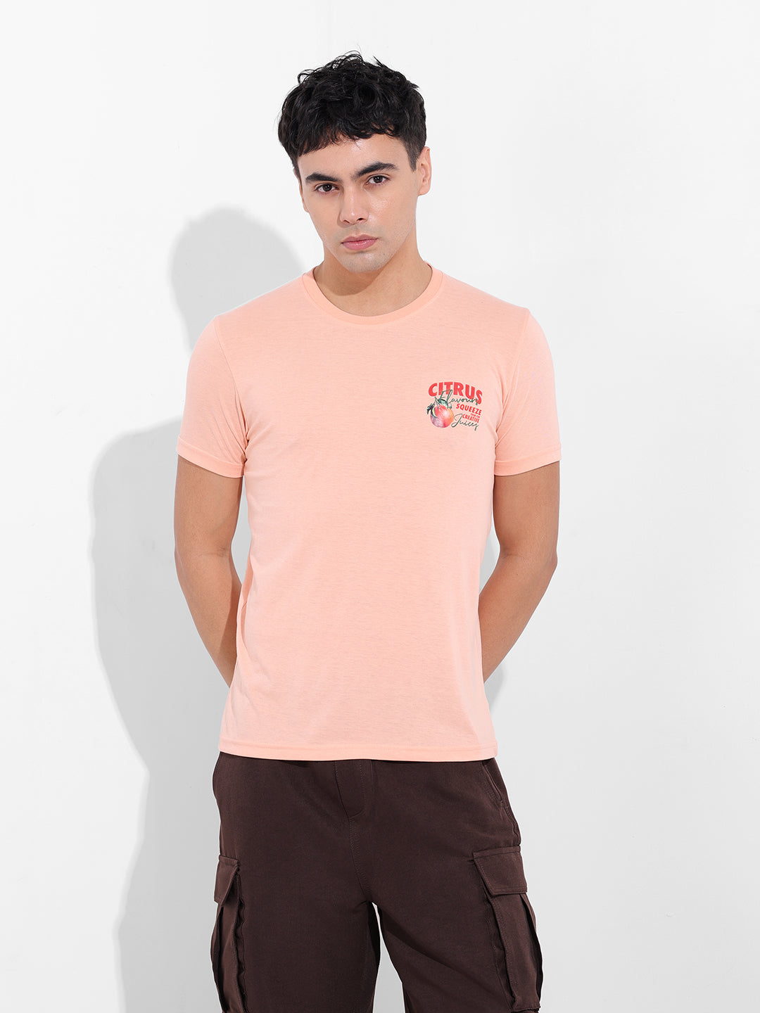 Men's Pink Slim Fit Graphic Back Printed Round Neck T-shirt