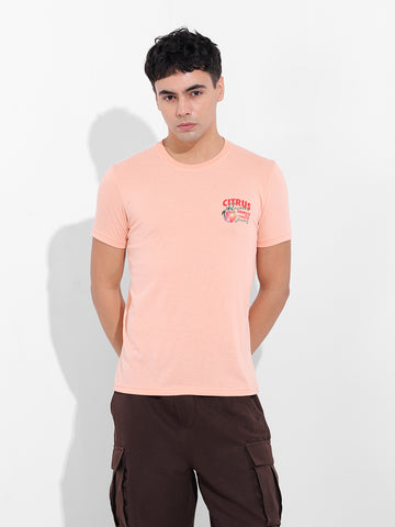 Men's Pink Slim Fit Graphic Back Printed Round Neck T-shirt
