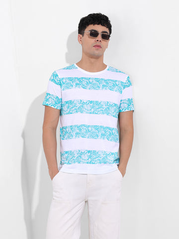Men's White Slim Fit Printed Round Neck T-shirt