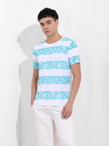 Men's White Slim Fit Printed Round Neck T-shirt
