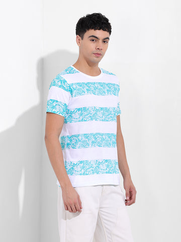 Men's White Slim Fit Printed Round Neck T-shirt