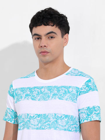Men's White Slim Fit Printed Round Neck T-shirt