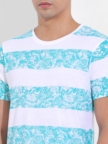 Men's White Slim Fit Printed Round Neck T-shirt