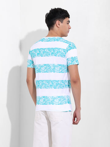 Men's White Slim Fit Printed Round Neck T-shirt