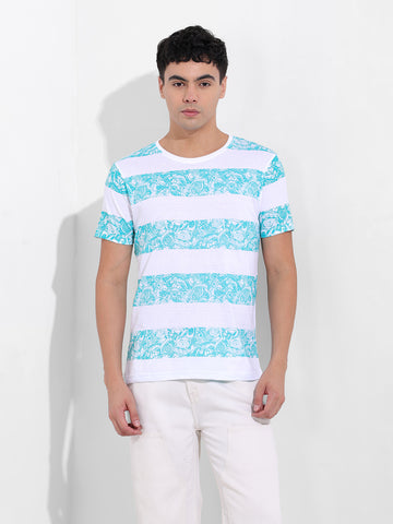 Men's White Slim Fit Printed Round Neck T-shirt