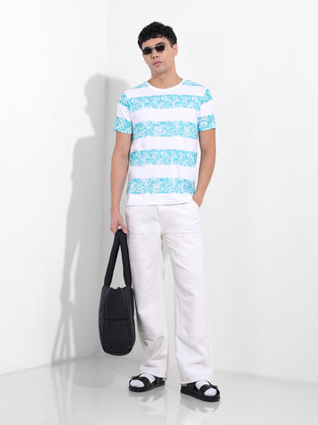 Men's White Slim Fit Printed Round Neck T-shirt