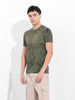 Men's Olive Slim Fit Tropical Print Round Neck T-shirt