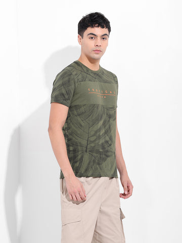 Men's Olive Slim Fit Tropical Print Round Neck T-shirt
