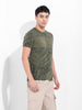 Men's Olive Slim Fit Tropical Print Round Neck T-shirt