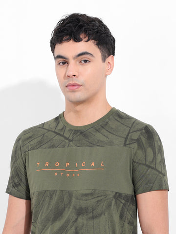 Men's Olive Slim Fit Tropical Print Round Neck T-shirt