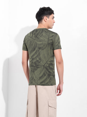 Men's Olive Slim Fit Tropical Print Round Neck T-shirt