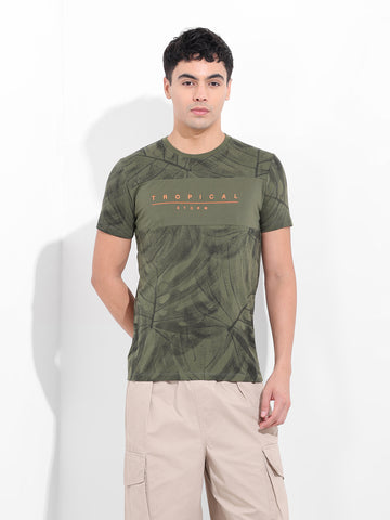 Men's Olive Slim Fit Tropical Print Round Neck T-shirt