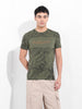 Men's Olive Slim Fit Tropical Print Round Neck T-shirt