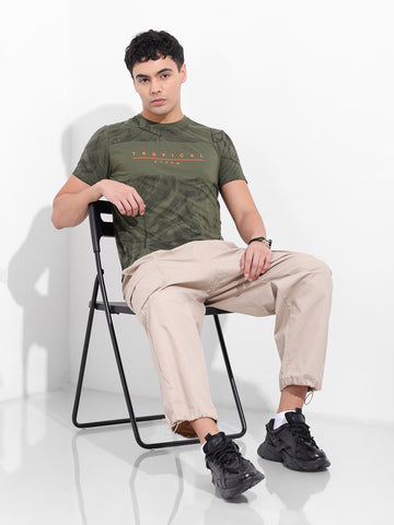 Men's Olive Slim Fit Tropical Print Round Neck T-shirt