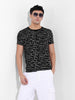 Men's Black Slim Fit Abstract Printed Round Neck T-shirt