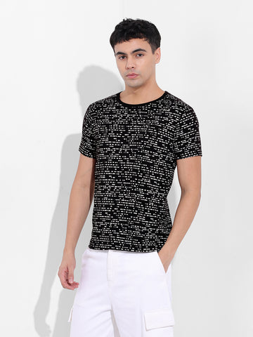 Men's Black Slim Fit Abstract Printed Round Neck T-shirt