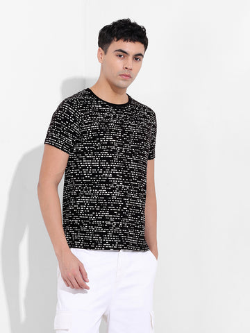 Men's Black Slim Fit Abstract Printed Round Neck T-shirt