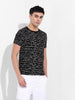 Men's Black Slim Fit Abstract Printed Round Neck T-shirt