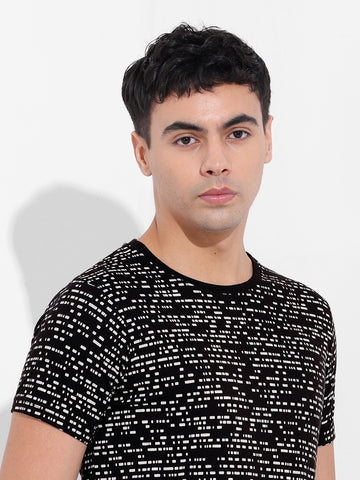 Men's Black Slim Fit Abstract Printed Round Neck T-shirt