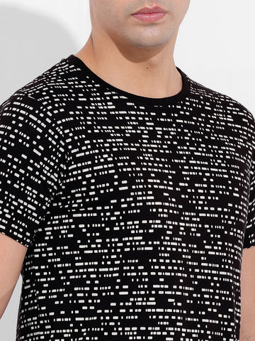 Men's Black Slim Fit Abstract Printed Round Neck T-shirt