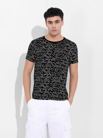 Men's Black Slim Fit Abstract Printed Round Neck T-shirt