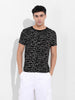 Men's Black Slim Fit Abstract Printed Round Neck T-shirt