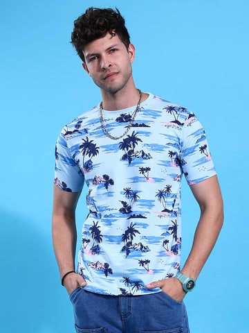 Men's Blue Slim Fit Tropical Print Round Neck T-shirt