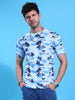 Men's Blue Slim Fit Tropical Print Round Neck T-shirt