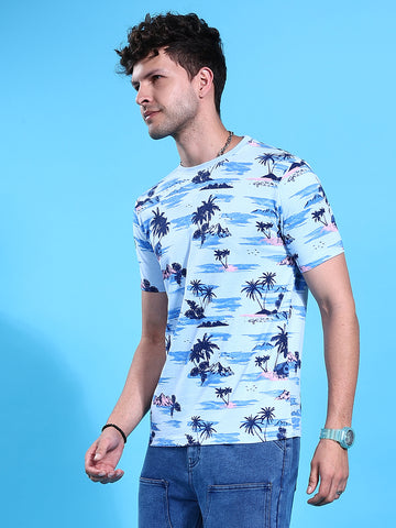 Men's Blue Slim Fit Tropical Print Round Neck T-shirt
