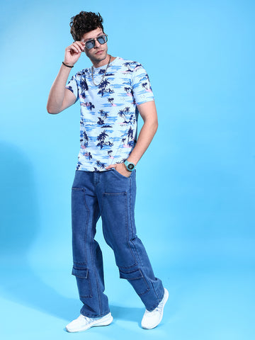 Men's Blue Slim Fit Tropical Print Round Neck T-shirt