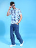 Men's Blue Slim Fit Tropical Print Round Neck T-shirt