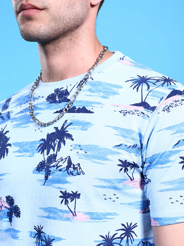 Men's Blue Slim Fit Tropical Print Round Neck T-shirt
