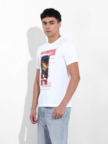Men's White Slim Fit Printed Round Neck T-shirt