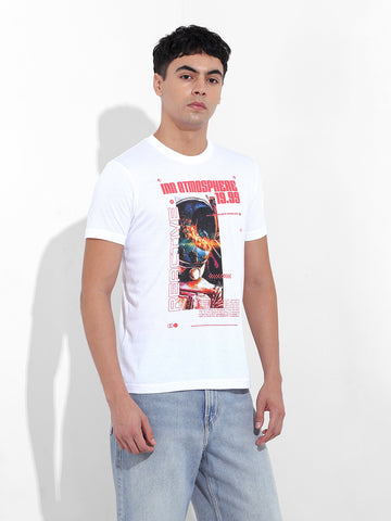 Men's White Slim Fit Printed Round Neck T-shirt