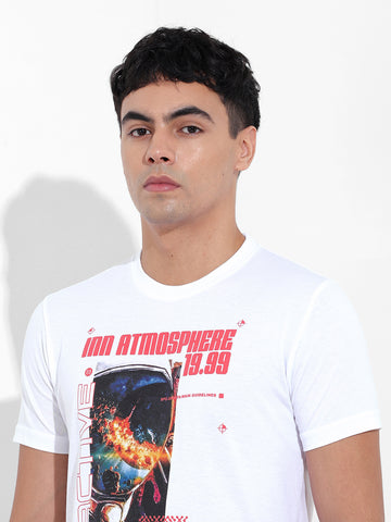 Men's White Slim Fit Printed Round Neck T-shirt