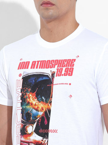 Men's White Slim Fit Printed Round Neck T-shirt